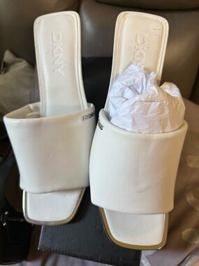 DKNY Cream Leather Slide Mules with Square Toe